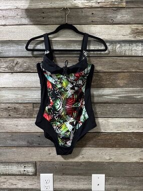 Black One-Piece Swimsuit with Tropical Multicolor Front Panel